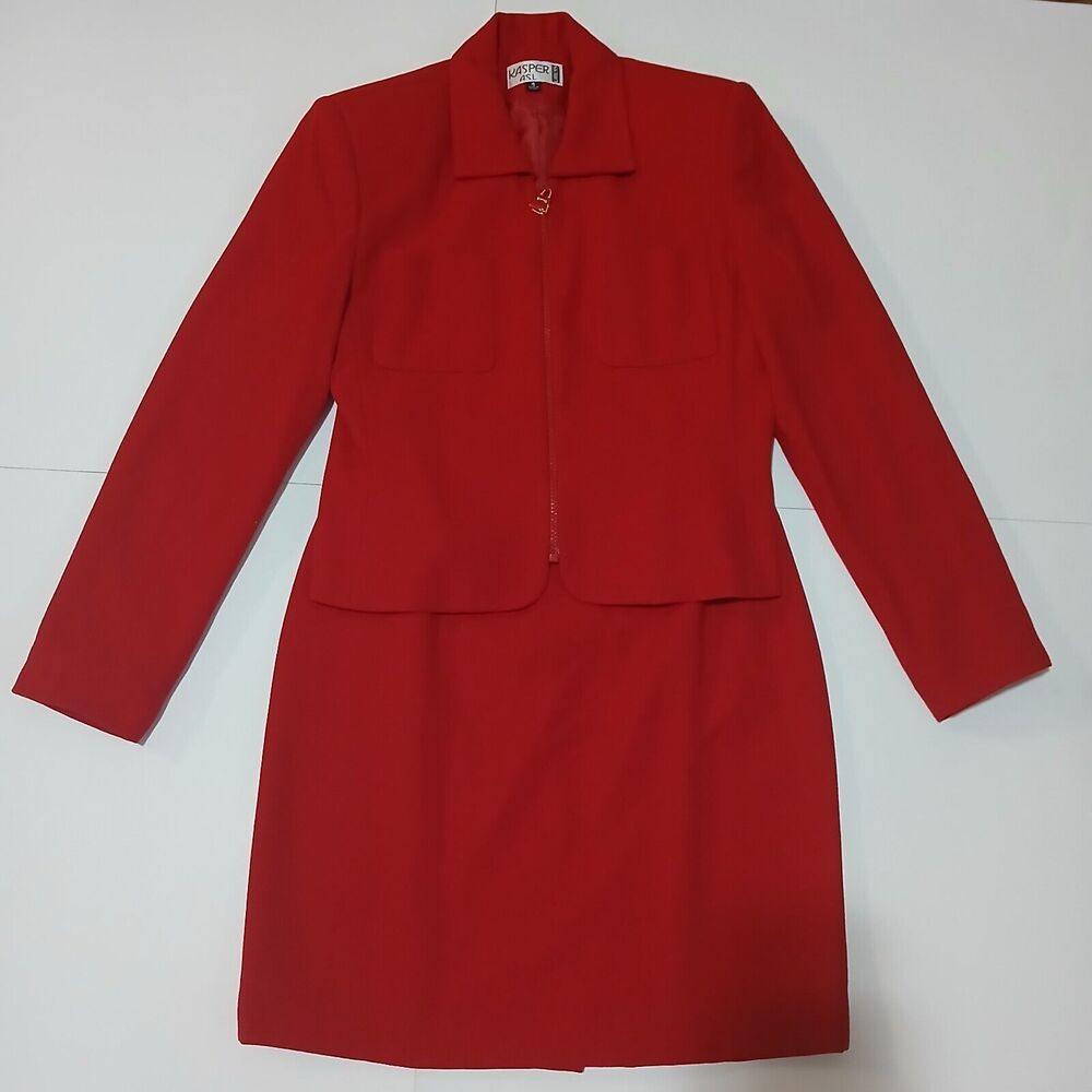 Kasper ASL Blazer Zipper and Skirt Knee Length For Elegant Women Red Size 4